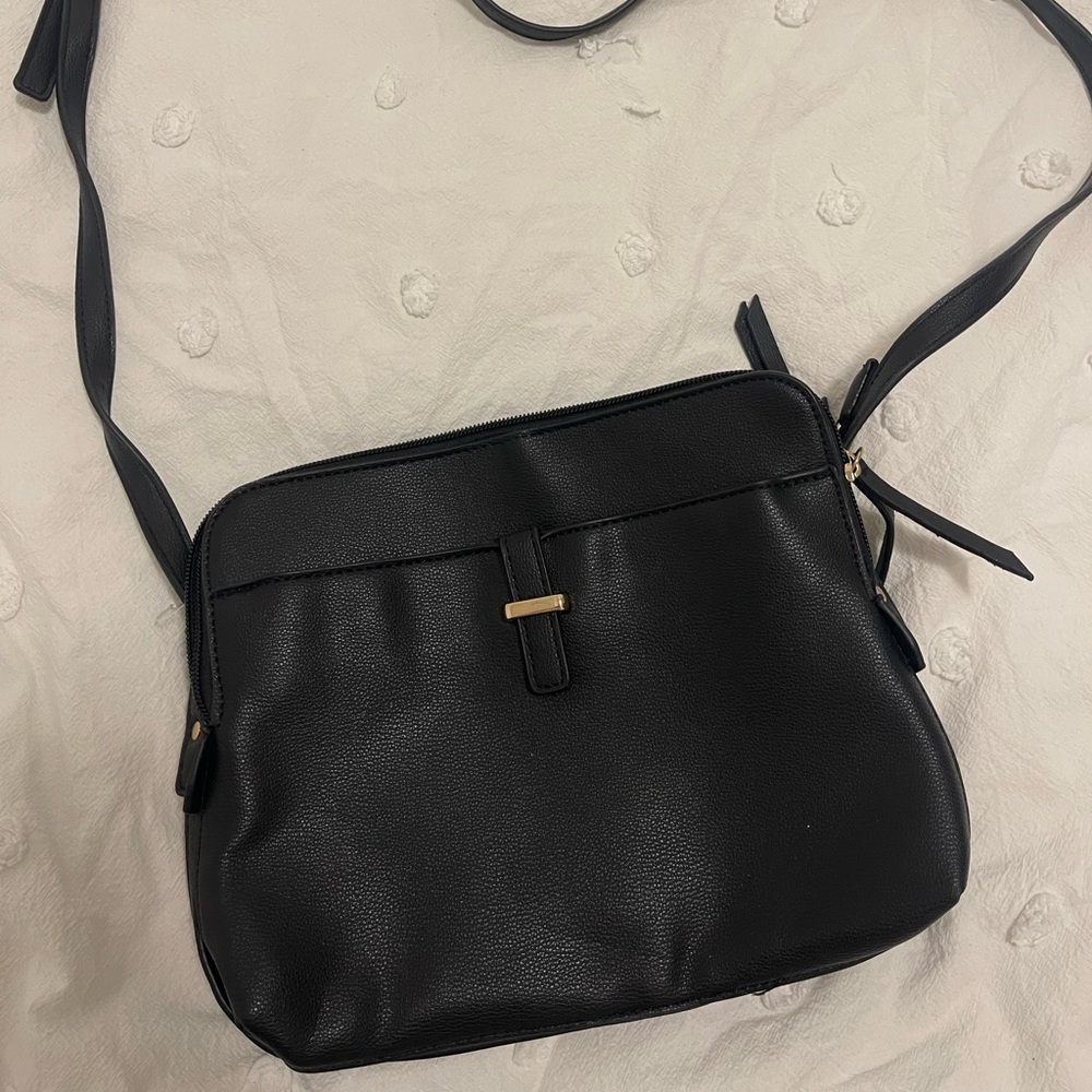 Black Leather Crossbody Bag with Gold Accent
